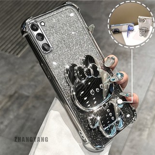Ốp Lưng Cho Samsung A02S A03S Bột Lấp Lánh Bốn Góc Mạ Điện Chống Rơi Vỏ Điện Thoại Hoạt Hình Thẩm Mỹ 3D Giá Đỡ Thỏ TPU Mềm