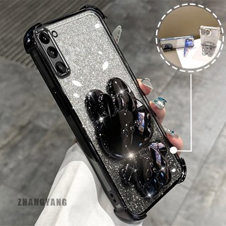 Ốp Lưng Cho Samsung A02S A03S Bột Lấp Lánh Bốn Góc Mạ Điện Chống Rơi Vỏ Điện Thoại Hoạt Hình Thẩm Mỹ 3D Giá Đỡ Thỏ TPU Mềm