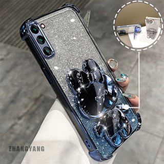 Ốp Lưng Cho Samsung A02S A03S Bột Lấp Lánh Bốn Góc Mạ Điện Chống Rơi Vỏ Điện Thoại Hoạt Hình Thẩm Mỹ 3D Giá Đỡ Thỏ TPU Mềm