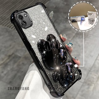 Ốp Lưng Cho Samsung A03 Bột Lấp Lánh Bốn Góc Mạ Điện Chống Rơi Vỏ Điện Thoại Thẩm Mỹ Hoạt Hình 3D Thỏ Giá Đỡ TPU Mềm