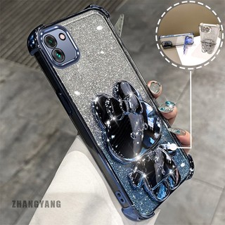 Ốp Lưng Cho Samsung A03 Bột Lấp Lánh Bốn Góc Mạ Điện Chống Rơi Vỏ Điện Thoại Thẩm Mỹ Hoạt Hình 3D Thỏ Giá Đỡ TPU Mềm