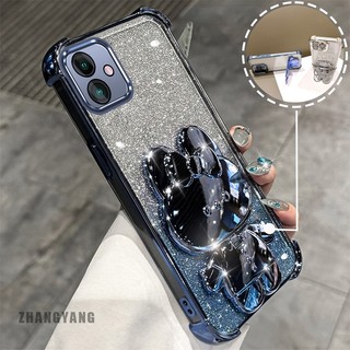 Ốp Lưng Cho Samsung A06 Bột Lấp Lánh Bốn Góc Mạ Điện Chống Rơi Vỏ Điện Thoại Thẩm Mỹ Hoạt Hình 3D Giá Đỡ Thỏ TPU Mềm