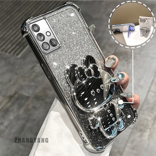 Ốp Lưng Cho Samsung A51 4G Bột Lấp Lánh Bốn Góc Mạ Điện Chống Rơi Vỏ Điện Thoại Hoạt Hình Thẩm Mỹ 3D Giá Đỡ Thỏ TPU Mềm