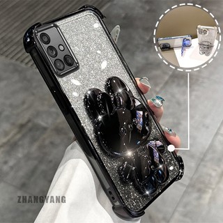 Ốp Lưng Cho Samsung A51 4G Bột Lấp Lánh Bốn Góc Mạ Điện Chống Rơi Vỏ Điện Thoại Hoạt Hình Thẩm Mỹ 3D Giá Đỡ Thỏ TPU Mềm