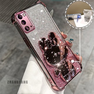 Ốp Lưng Cho Samsung NOTE 20 Bột Lấp Lánh Bốn Góc Mạ Điện Chống Rơi Vỏ Điện Thoại Thẩm Mỹ Hoạt Hình 3D Giá Đỡ Thỏ TPU Mềm