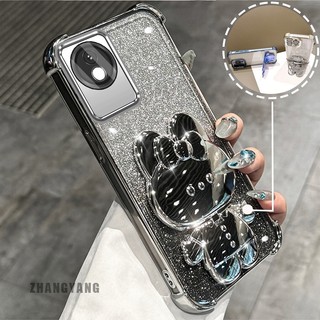 Ốp Lưng Dành Cho vivo Y02 Y02A Y02T Bột Lấp Lánh Bốn Góc Mạ Điện Chống Rơi Vỏ Điện Thoại Thẩm Mỹ Hoạt Hình 3D Thỏ Giá Đỡ TPU Mềm