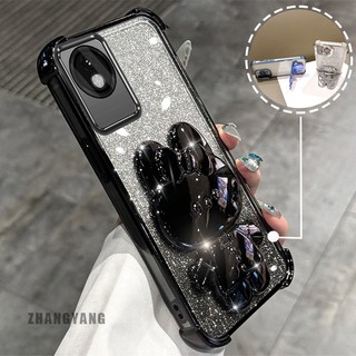Ốp Lưng Dành Cho vivo Y02 Y02A Y02T Bột Lấp Lánh Bốn Góc Mạ Điện Chống Rơi Vỏ Điện Thoại Thẩm Mỹ Hoạt Hình 3D Thỏ Giá Đỡ TPU Mềm