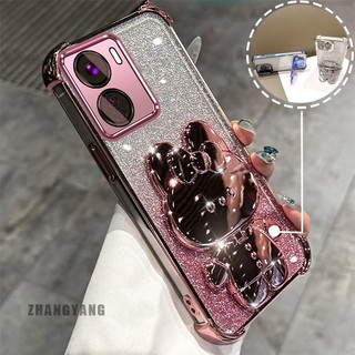 Ốp Lưng Cho vivo Y16 Bột Lấp Lánh Bốn Góc Mạ Điện Chống Rơi Vỏ Điện Thoại Hoạt Hình Thẩm Mỹ 3D Giá Đỡ Thỏ TPU Mềm