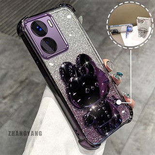 Ốp Lưng Cho vivo Y16 Bột Lấp Lánh Bốn Góc Mạ Điện Chống Rơi Vỏ Điện Thoại Hoạt Hình Thẩm Mỹ 3D Giá Đỡ Thỏ TPU Mềm