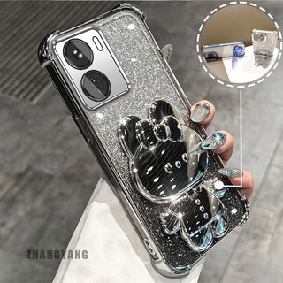 Ốp Lưng Cho vivo Y16 Bột Lấp Lánh Bốn Góc Mạ Điện Chống Rơi Vỏ Điện Thoại Hoạt Hình Thẩm Mỹ 3D Giá Đỡ Thỏ TPU Mềm