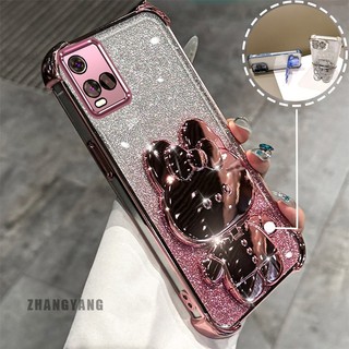 Ốp Lưng Cho VIVO Y21 Y21s Y21a Y21t Y33s 4G Bột Lấp Lánh Bốn Góc Mạ Điện Chống Rơi Vỏ Điện Thoại Thẩm Mỹ Hoạt Hình 3D Giá Đỡ Thỏ TPU Mềm
