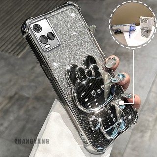 Ốp Lưng Cho VIVO Y21 Y21s Y21a Y21t Y33s 4G Bột Lấp Lánh Bốn Góc Mạ Điện Chống Rơi Vỏ Điện Thoại Thẩm Mỹ Hoạt Hình 3D Giá Đỡ Thỏ TPU Mềm