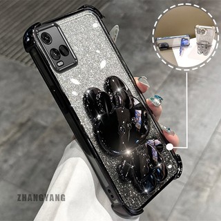 Ốp Lưng Cho VIVO Y21 Y21s Y21a Y21t Y33s 4G Bột Lấp Lánh Bốn Góc Mạ Điện Chống Rơi Vỏ Điện Thoại Thẩm Mỹ Hoạt Hình 3D Giá Đỡ Thỏ TPU Mềm