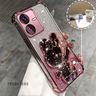 Ốp Lưng Cho vivo Y22S Y22 Bột Lấp Lánh Bốn Góc Mạ Điện Chống Rơi Vỏ Điện Thoại Hoạt Hình Thẩm Mỹ 3D Giá Đỡ Thỏ TPU Mềm