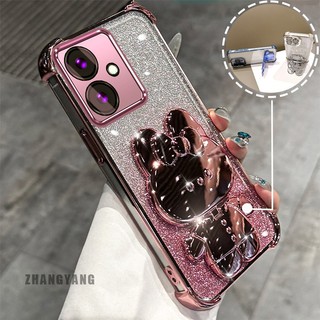 Ốp Lưng Cho OPPO reno 11F 5G Phấn Lấp Lánh Bốn Góc Mạ Điện Chống Rơi Vỏ Điện Thoại Hoạt Hình Thẩm Mỹ 3D Giá Đỡ Thỏ TPU Mềm