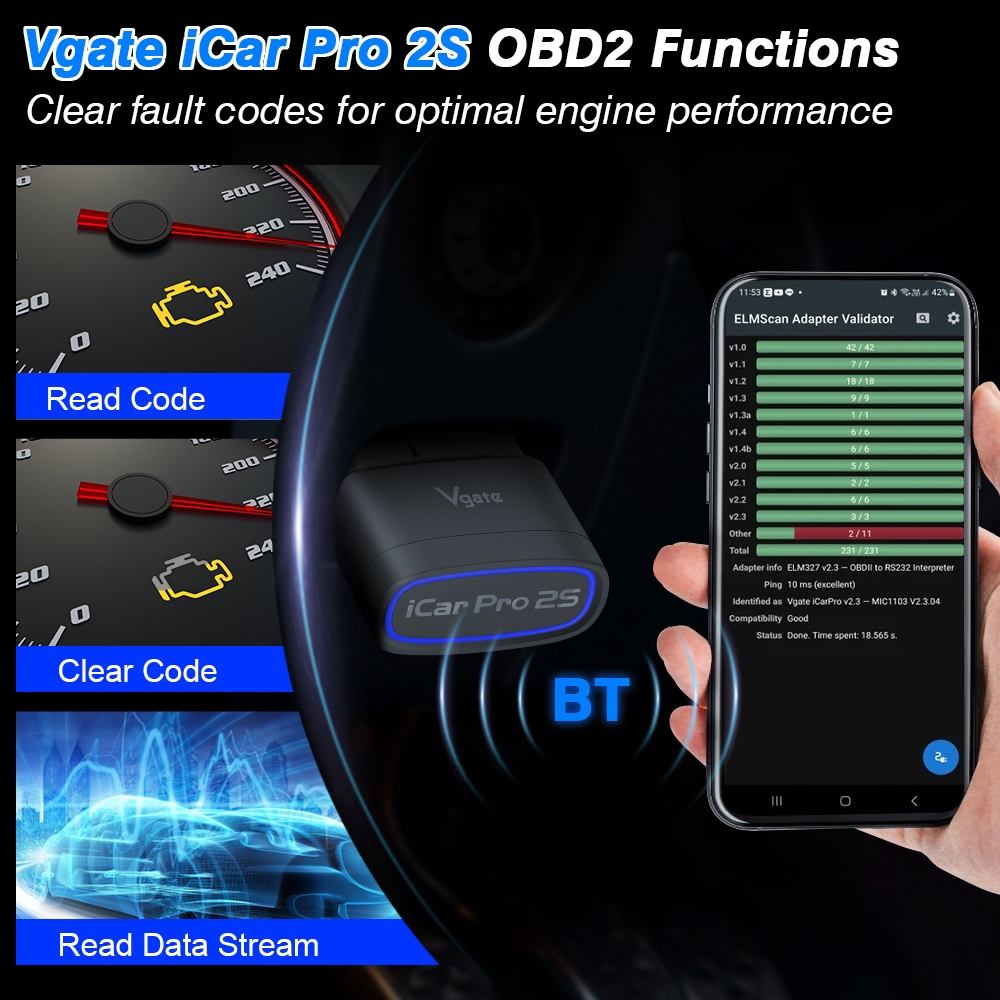 Máy quét ô tô Vgate iCar Pro 2S OBD2 cho BYD & Tesla & GWM Bluetooth 5.2 cho IOS Kiểm tra động cơ Android cho Công cụ quét chẩn đoán tự động BMW OBD 2 PK ELM 327