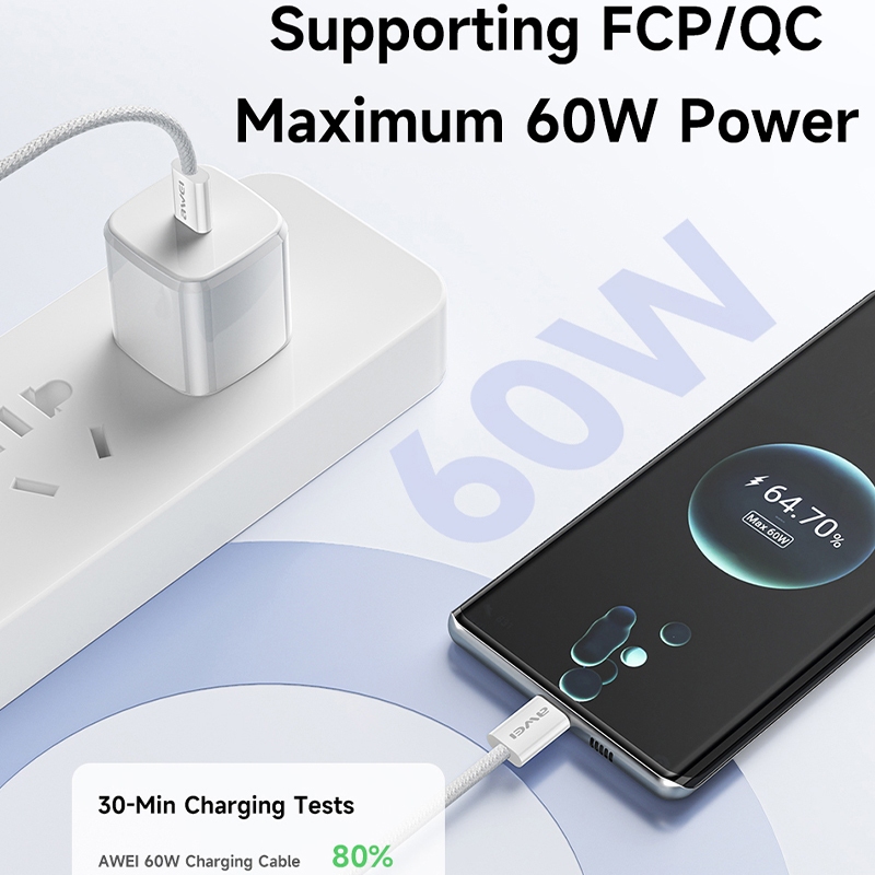 Ảnh Cáp sạc type c Awei sạc nhanh 60W C to C Dây bện nylon 1M An Toàn Ổn Định cho điện thoại 2