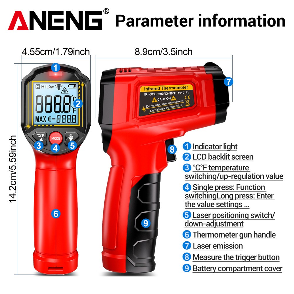  Trendy Mới ANENG TH202 Nhiệt Kế Hồng Ngoại - Súng Đo Nhiệt Độ Tiếp Xúc Không Chạm, Màn Hình LCD Có Đèn Nền, Đo Từ -50 Đến 600°C