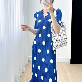 Miyake Mùa Hè Phong Cách Mới Nữ Chấm Bi Đầm Hẹp Cổ Chữ v Slim-Fit Cao Cấp Sli