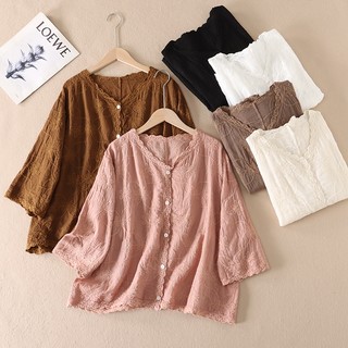 Áo sơ mi nữ dáng rộng thêu Cotton 3 / 4 phong cách Hàn Quốc