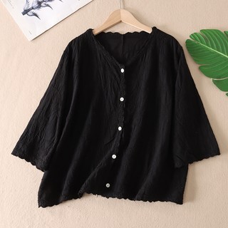 Áo sơ mi nữ dáng rộng thêu Cotton 3 / 4 phong cách Hàn Quốc