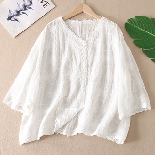 Áo sơ mi nữ dáng rộng thêu Cotton 3 / 4 phong cách Hàn Quốc