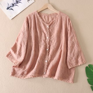 Áo sơ mi nữ dáng rộng thêu Cotton 3 / 4 phong cách Hàn Quốc