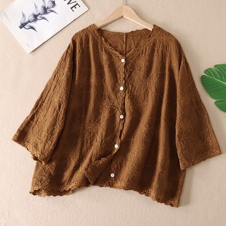 Áo sơ mi nữ dáng rộng thêu Cotton 3 / 4 phong cách Hàn Quốc
