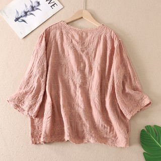 Áo sơ mi nữ dáng rộng thêu Cotton 3 / 4 phong cách Hàn Quốc