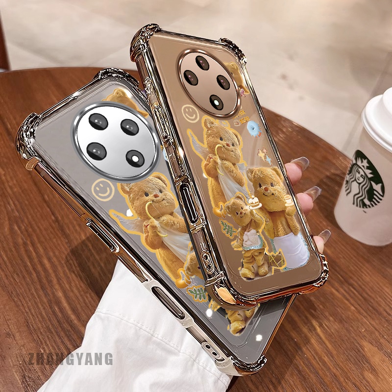 Ốp Lưng Cho OPPO reno 12F 5G Bốn Góc Mạ Điện Chống Rơi Vỏ Điện Thoại Thẩm Mỹ Hoạt Hình Màu Vàng Dễ Thương Họa Tiết Gấu TPU Silicon Mềm