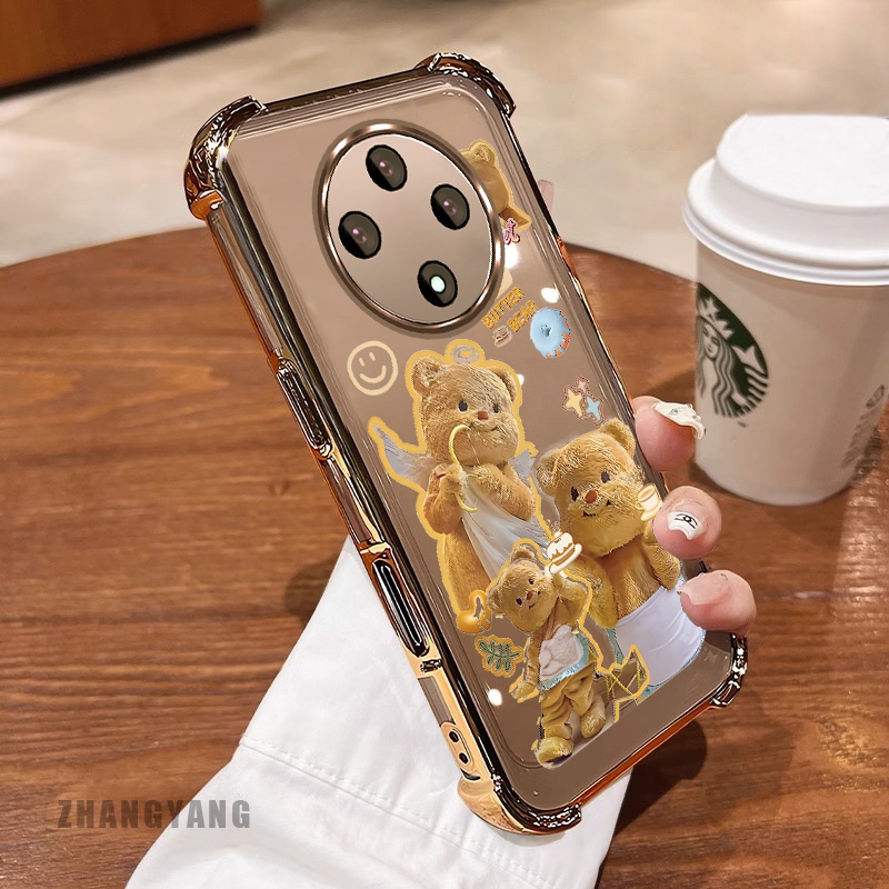 Ốp Lưng Cho OPPO reno 12F 5G Bốn Góc Mạ Điện Chống Rơi Vỏ Điện Thoại Thẩm Mỹ Hoạt Hình Màu Vàng Dễ Thương Họa Tiết Gấu TPU Silicon Mềm