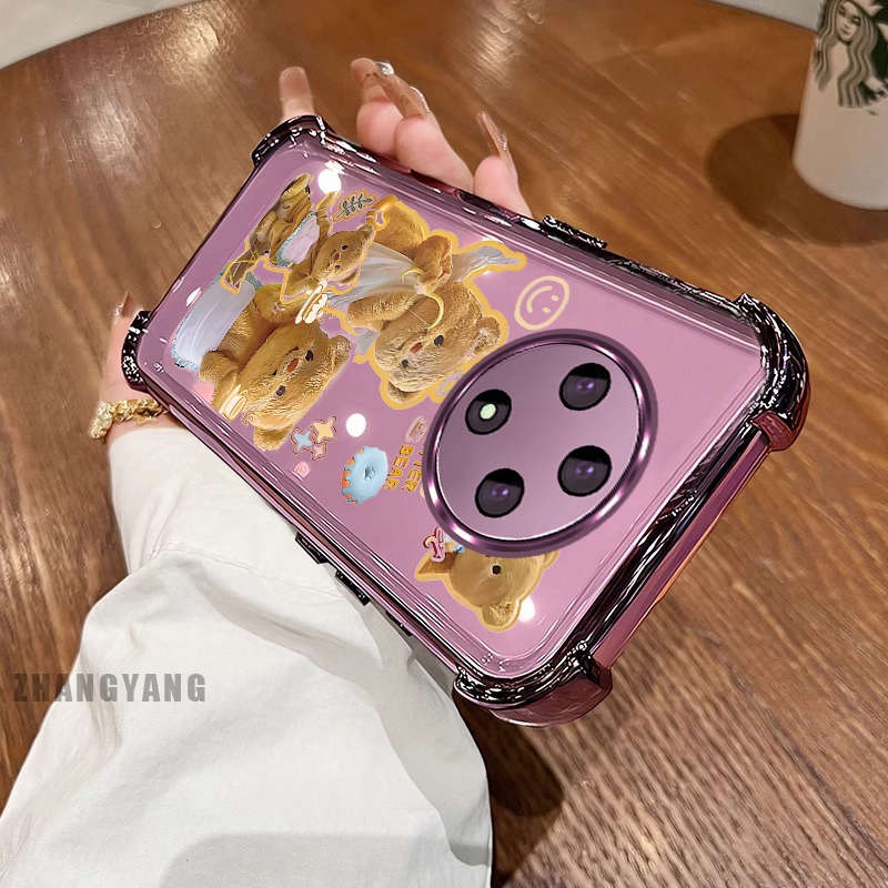 Ốp Lưng Cho OPPO reno 12F 5G Bốn Góc Mạ Điện Chống Rơi Vỏ Điện Thoại Thẩm Mỹ Hoạt Hình Màu Vàng Dễ Thương Họa Tiết Gấu TPU Silicon Mềm