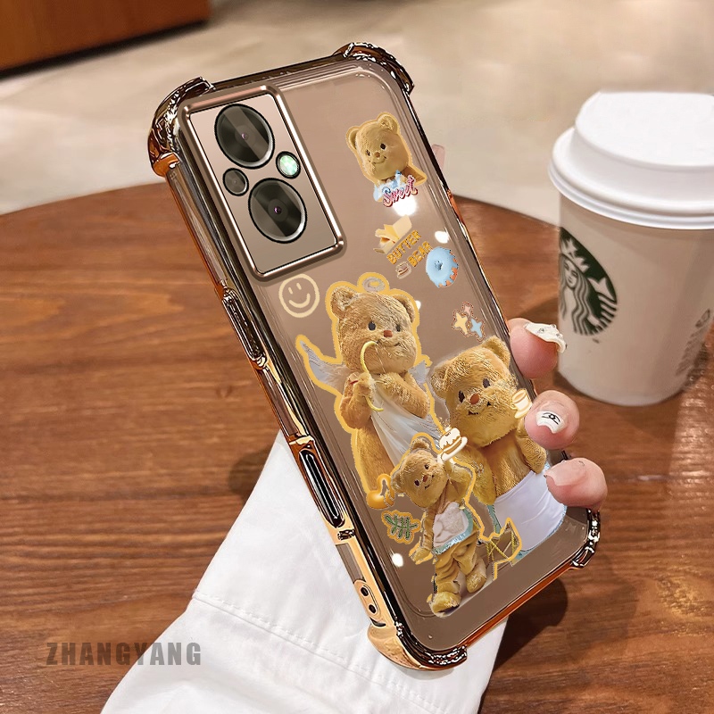 Ốp Lưng Cho OPPO RENO 7Z 5G RENO 8Z 5G Bốn Góc Mạ Điện Chống Rơi Vỏ Điện Thoại Thẩm Mỹ Hoạt Hình Màu Vàng Dễ Thương Họa Tiết Gấu TPU Silicon Mềm
