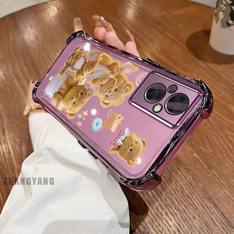 Ốp Lưng Cho OPPO RENO 7Z 5G RENO 8Z 5G Bốn Góc Mạ Điện Chống Rơi Vỏ Điện Thoại Thẩm Mỹ Hoạt Hình Màu Vàng Dễ Thương Họa Tiết Gấu TPU Silicon Mềm