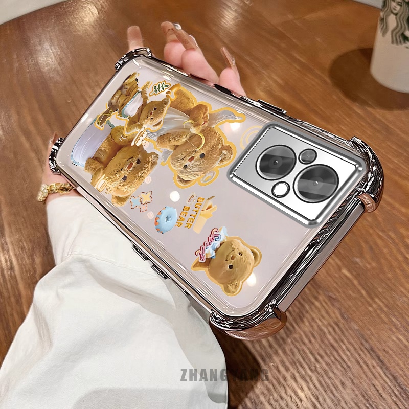 Ốp Lưng Cho OPPO RENO 7Z 5G RENO 8Z 5G Bốn Góc Mạ Điện Chống Rơi Vỏ Điện Thoại Thẩm Mỹ Hoạt Hình Màu Vàng Dễ Thương Họa Tiết Gấu TPU Silicon Mềm