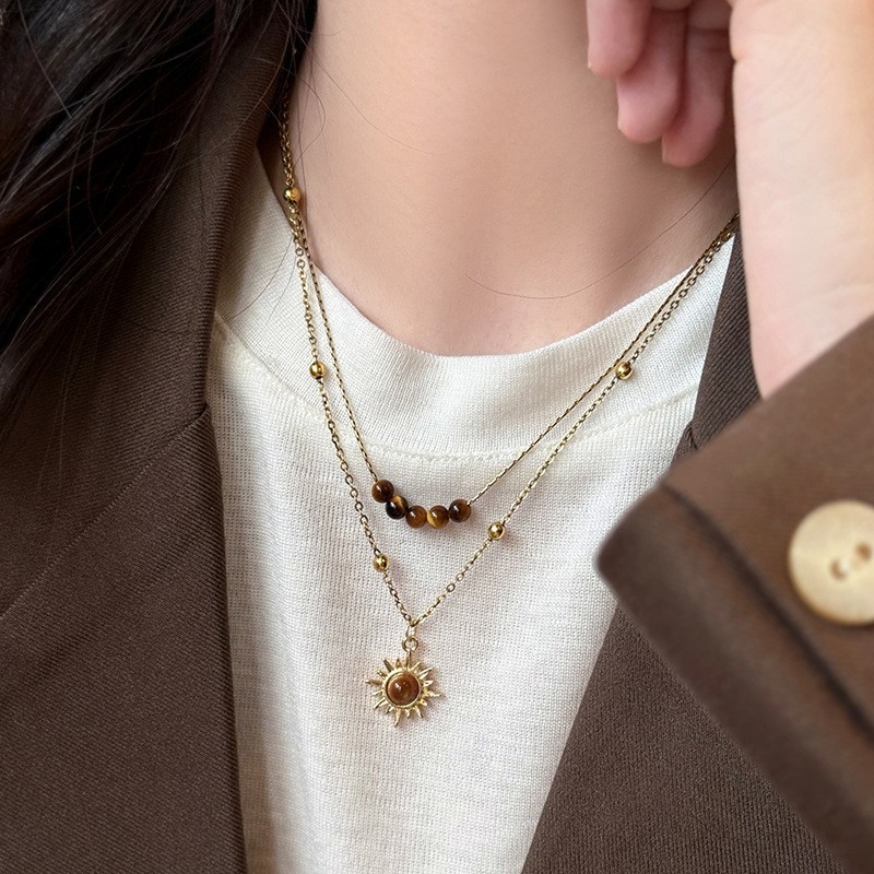 Vintage Vàng Mặt Trời Hoa Hổ Mắt Đá Vòng Cổ Nữ Thiết Kế Thích Hợp Cảm Giác Gấp Áo Len Dây Chuyền Thu Đông Xương Đòn Dây Xích Phụ Kiện