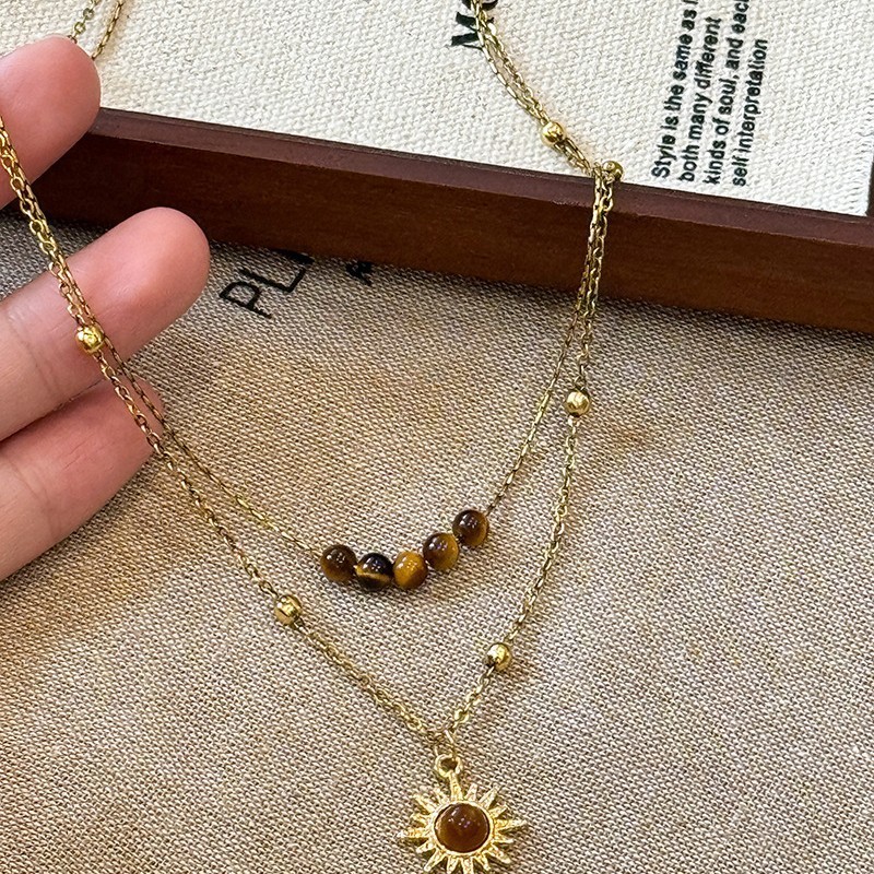 Vintage Vàng Mặt Trời Hoa Hổ Mắt Đá Vòng Cổ Nữ Thiết Kế Thích Hợp Cảm Giác Gấp Áo Len Dây Chuyền Thu Đông Xương Đòn Dây Xích Phụ Kiện