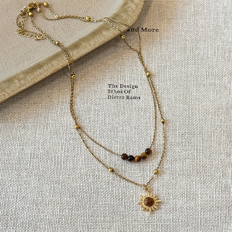 Vintage Vàng Mặt Trời Hoa Hổ Mắt Đá Vòng Cổ Nữ Thiết Kế Thích Hợp Cảm Giác Gấp Áo Len Dây Chuyền Thu Đông Xương Đòn Dây Xích Phụ Kiện