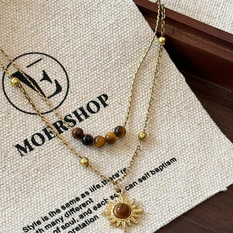 Vintage Vàng Mặt Trời Hoa Hổ Mắt Đá Vòng Cổ Nữ Thiết Kế Thích Hợp Cảm Giác Gấp Áo Len Dây Chuyền Thu Đông Xương Đòn Dây Xích Phụ Kiện