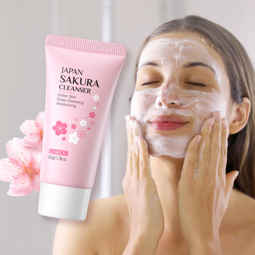 Ảnh Sữa rửa mặt LAIKOU hoa anh đào Nhật Bản kiềm dầu làm sạch mụn đầu đen thu nhỏ lỗ chân lông chuyên dụng 50g 1