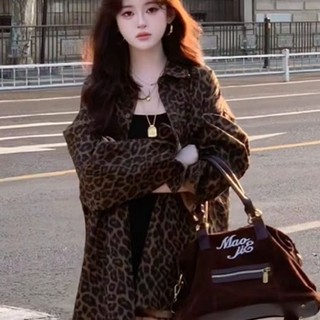 Phong Cách Hàn Quốc Nữ Nữ Rời Da Báo Quá Khổ Baggy Áo Sơ Mi Tay Dài