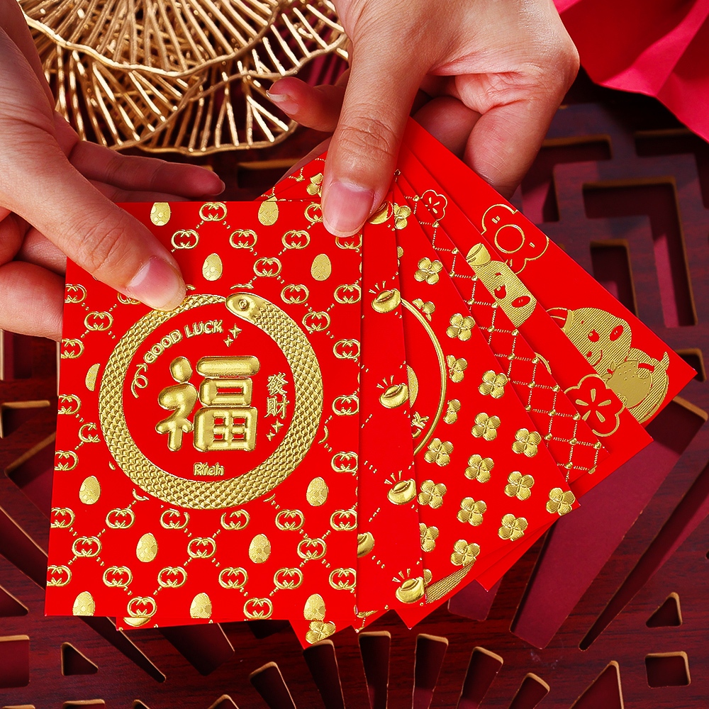 6 Cái / bộ Phong Bì Đỏ Năm Mới 2025 - Túi Đựng Tiền Phước Lành Dập Nóng Vàng 3D - Phong Cách Trung Hoa Hoạt Hình Rắn Năm Hongbao - Lễ Hội Mùa Xuân Giấy May Mắn Túi Màu Đỏ