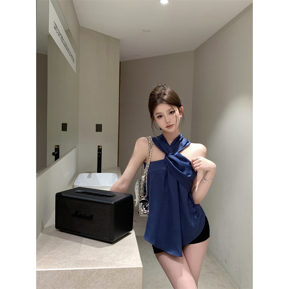 【BANKO】Áo yếm dây thắt nút màu xanh vừa vặn mùa hè dành cho nữ