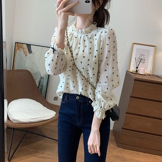 Áo sơ mi dài tay hoa voan dáng rộng phong cách Hàn Quốc dành cho nữ