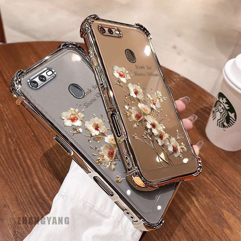 Ốp Lưng Cho OPPO A5S A12 A7 F9 Ốp Điện Thoại Mạ Điện Bốn Góc Chống Rơi Cây Thẩm Mỹ Nhánh Hoa Thiết Kế Mới TPU Silicon Mềm case
