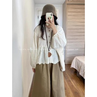 Phong Cách Hàn Quốc Nữ Nữ Rời Cotton Ren Móc Áo Sơ Mi Dài Tay