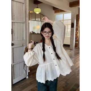 Phong Cách Hàn Quốc Nữ Nữ Rời Cotton Ren Móc Áo Sơ Mi Dài Tay
