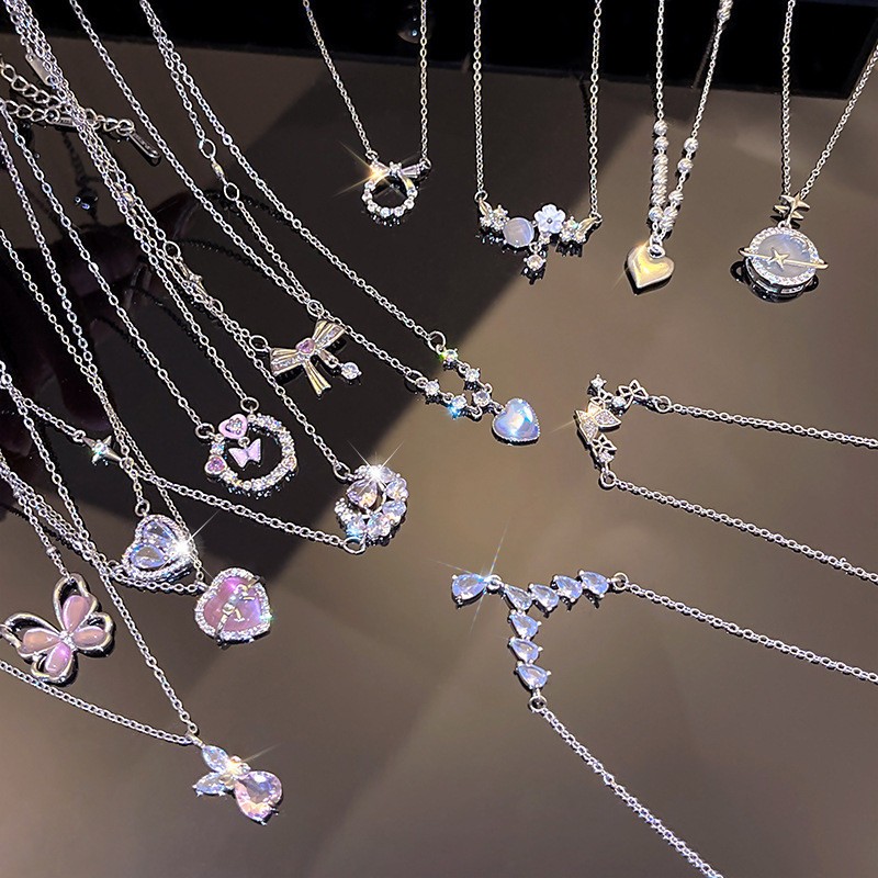 [Yunyuan] Vòng cổ mặt dây chuyền Zircon tình yêu màu hồng sang trọng của Nhật Bản và Hàn Quốc Cô gái Insy2k Ngọt ngào mát mẻ Cô gái nóng bỏng Nơ Xương đòn Dây chuyền cổ