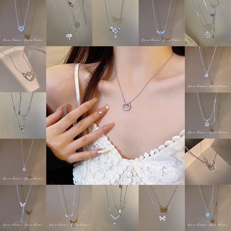 [Yunyuan] Vòng cổ mặt dây chuyền Zircon tình yêu màu hồng sang trọng của Nhật Bản và Hàn Quốc Cô gái Insy2k Ngọt ngào mát mẻ Cô gái nóng bỏng Nơ Xương đòn Dây chuyền cổ