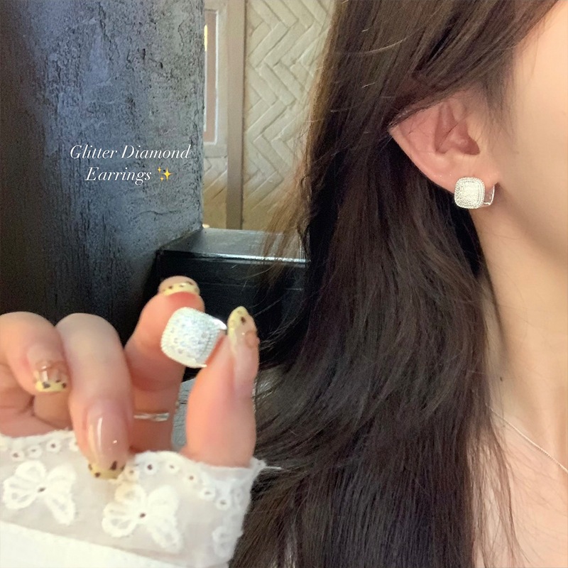 2024 Mới Vuông Thời Trang Hai Mặt Zircon Ngọc Trai Bông Tai Pháp Tinh Tế Sang Trọng Bông Tai